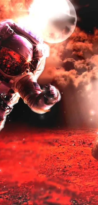 Vibrant wallpaper featuring an astronaut on a red cosmic planet.