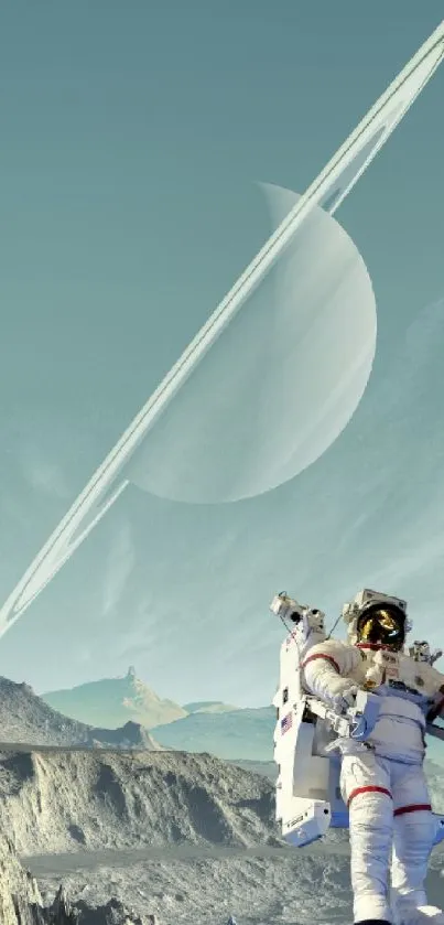 Astronaut on lunar surface with Saturn in the sky.