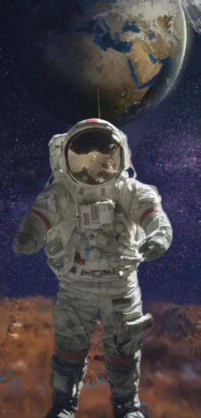 Astronaut standing on a planet with Earth and stars in the background.