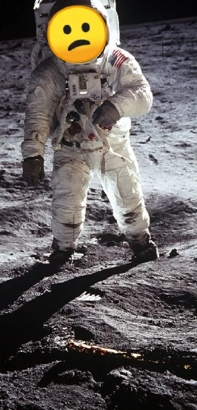 Astronaut standing on the moon surface with shadow in a space suit.