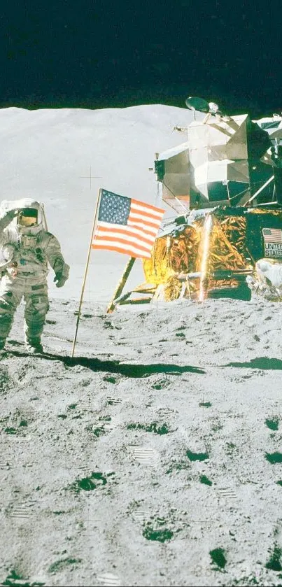 Astronaut saluting beside lunar module on moon's surface wallpaper.