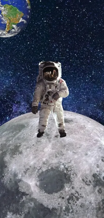 Astronaut standing on the Moon with Earth in the background.