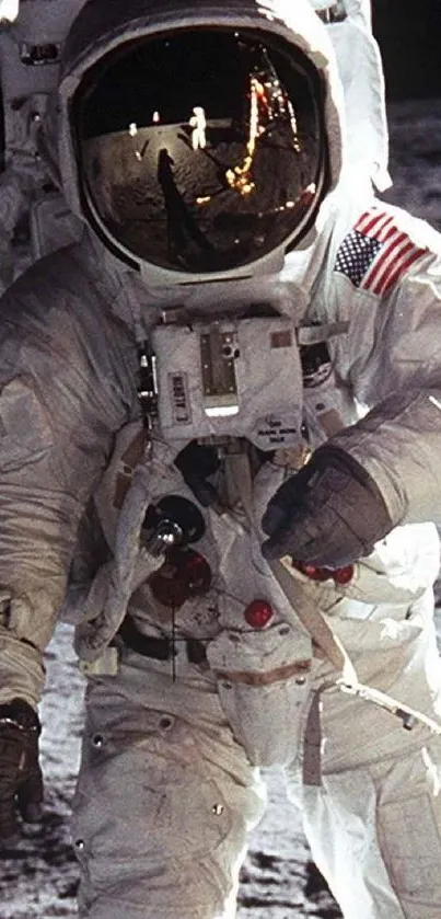 Astronaut standing on the moon surface, wearing a space suit.