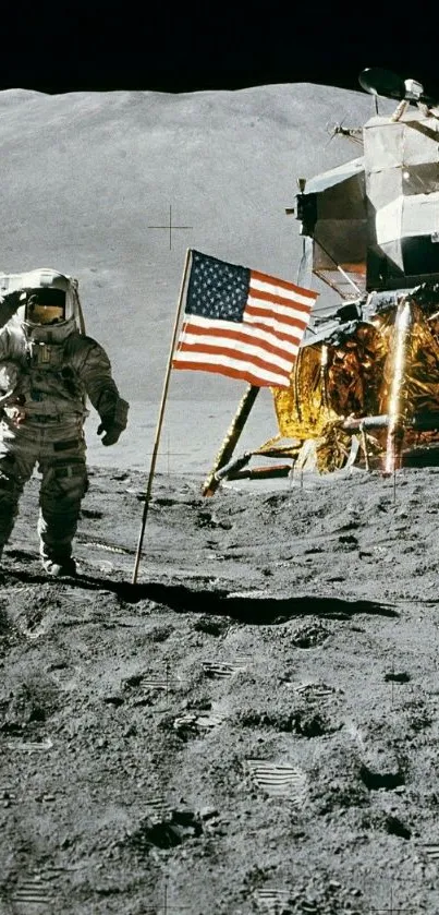 Astronaut on the moon with American flag and lunar module.