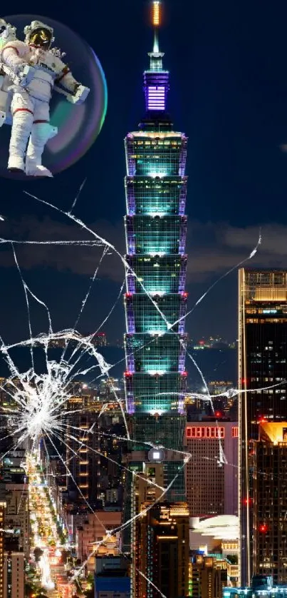 Astronaut floating above city skyline at night with Taipei 101.