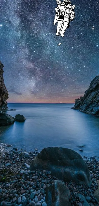 Astronaut floating above a starry coastal night view.