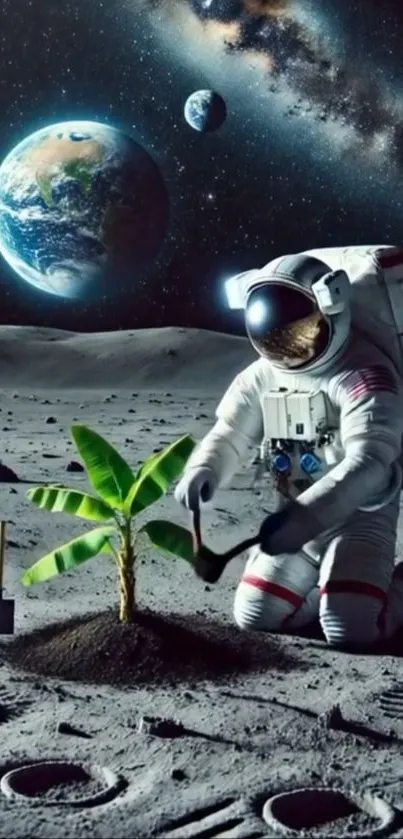 Astronaut planting tree on the moon under Earth's view.