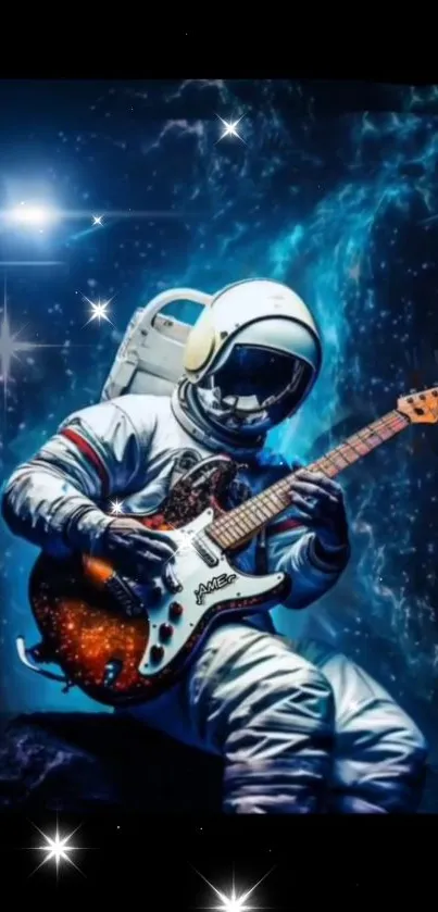 Astronaut playing electric guitar in a cosmic space scene.