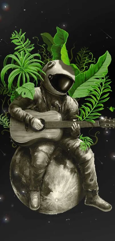 Astronaut playing guitar with green plants on a cosmic background.