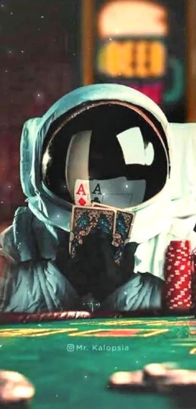 Astronaut holding poker cards behind stack of chips against dark backdrop.