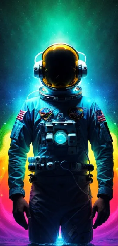 Astronaut in vibrant psychedelic colors with a cosmic background.