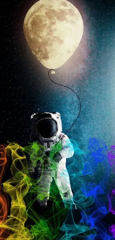 Astronaut holding moon balloon with rainbow smoke.