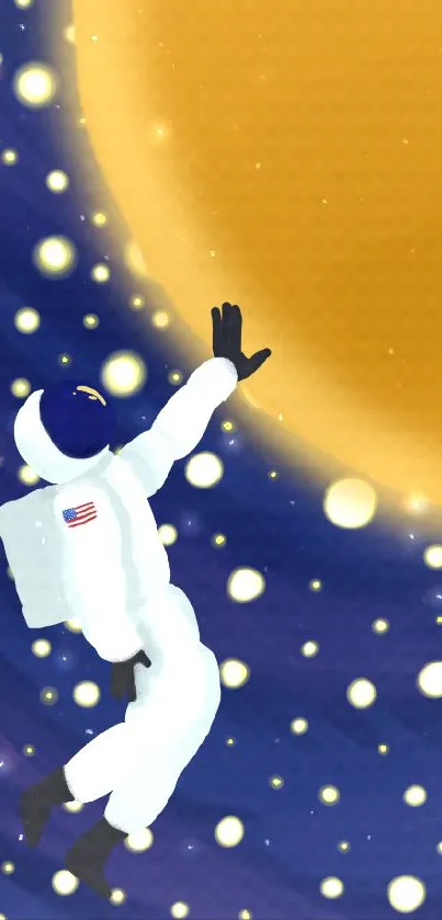 Astronaut reaching for a golden planet in a star-filled cosmic scene.