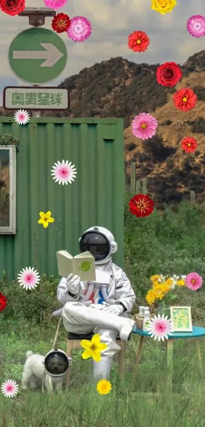 Astronaut sitting in nature reading with a green backdrop.