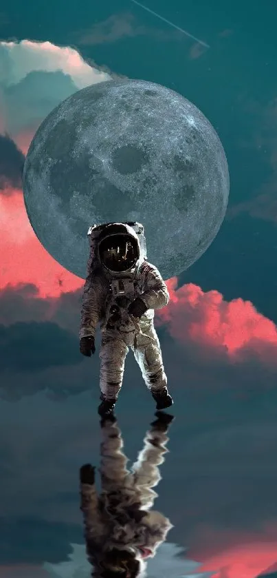 Astronaut standing before a giant moon with teal and pink clouds.