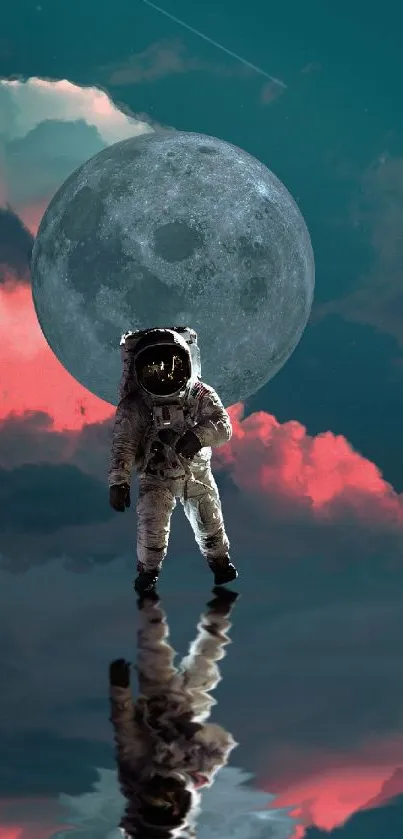 Astronaut with moon backdrop reflecting over surreal landscape.