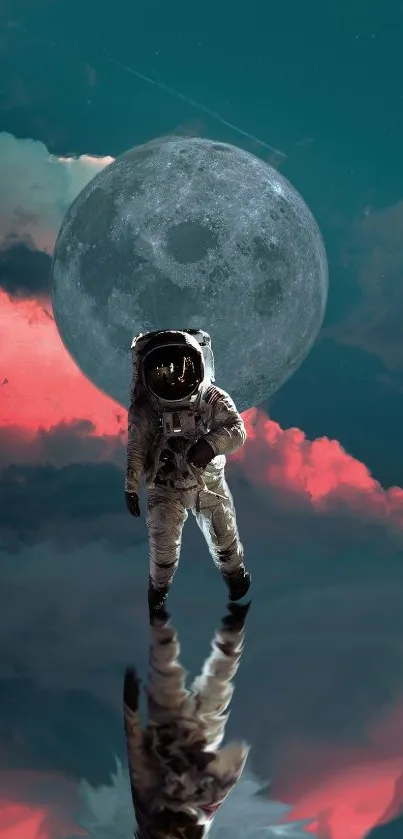 Astronaut in reflective space scene with full moon and vibrant clouds.