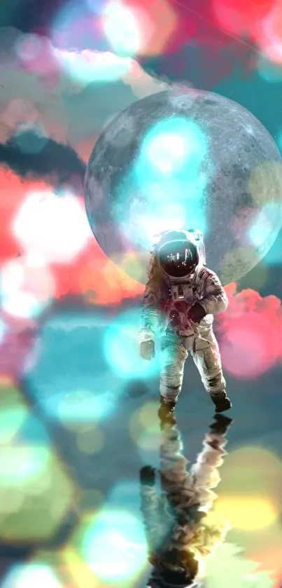 Astronaut under moon with colorful reflections wallpaper.