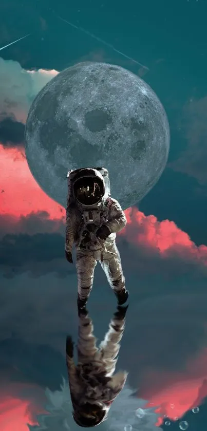 Astronaut reflection against the moon with teal and pink tones.