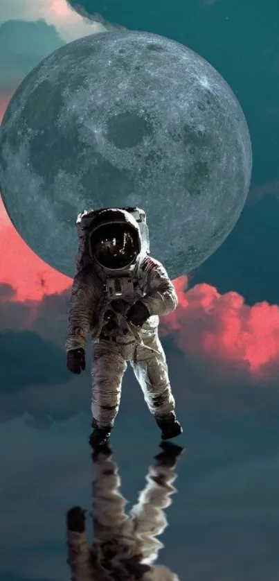 Astronaut reflected in water with moon and colorful clouds background.