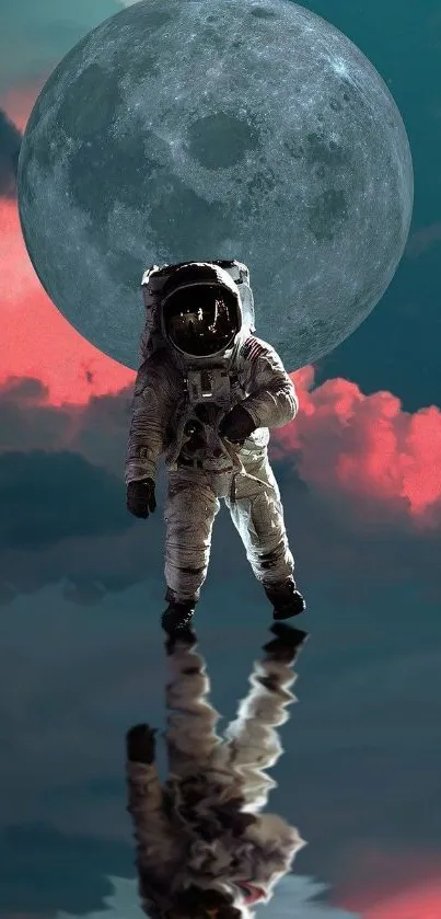 Astronaut walking on reflective water with moon in background.