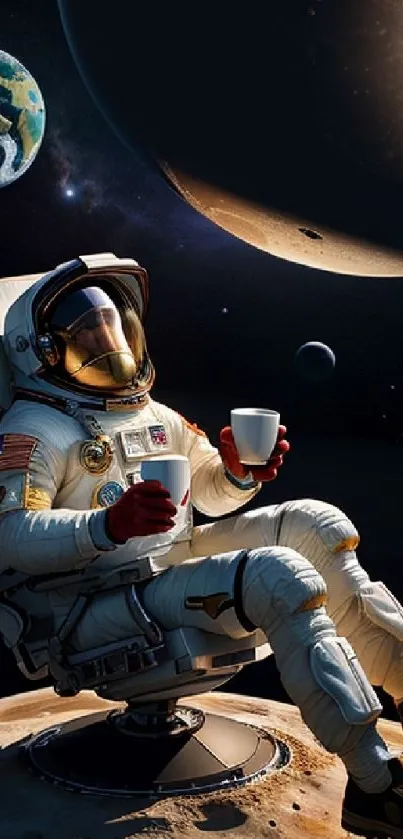 Astronaut enjoying coffee in space with a stunning planetary background.