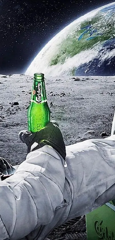 Astronaut resting on moon holding a bottle, Earth visible in space backdrop.