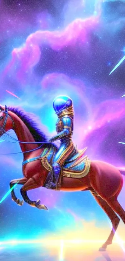 Astronaut in futuristic armor riding a horse through a vibrant cosmic nebula.