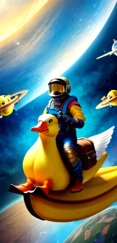 Astronaut rides rubber duck in vibrant space scene with planets surrounding.