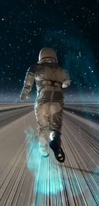 Astronaut running through space with a star-filled background.