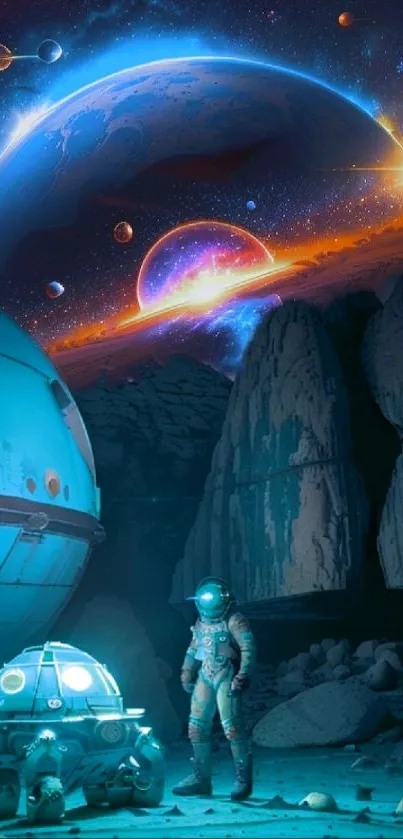 Astronaut explores a vibrant galaxy on a distant planet in a sci-fi setting.