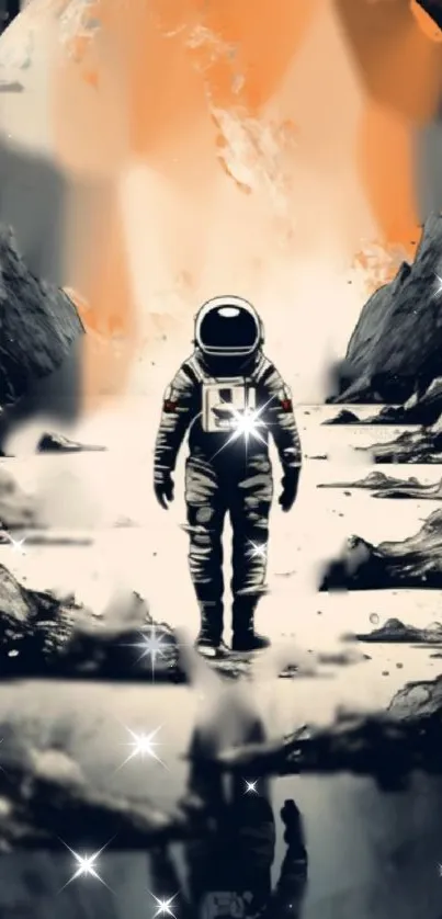 Astronaut in space suit on Mars-like landscape with orange sky.