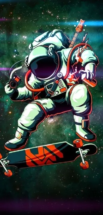 Astronaut skating through a colorful galaxy scene.