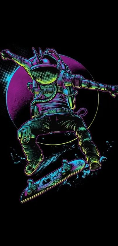 Neon astronaut skateboarding in vibrant colors on a black background.