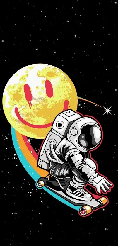 Astronaut on skateboard with rainbow trail and moon, in space scene.