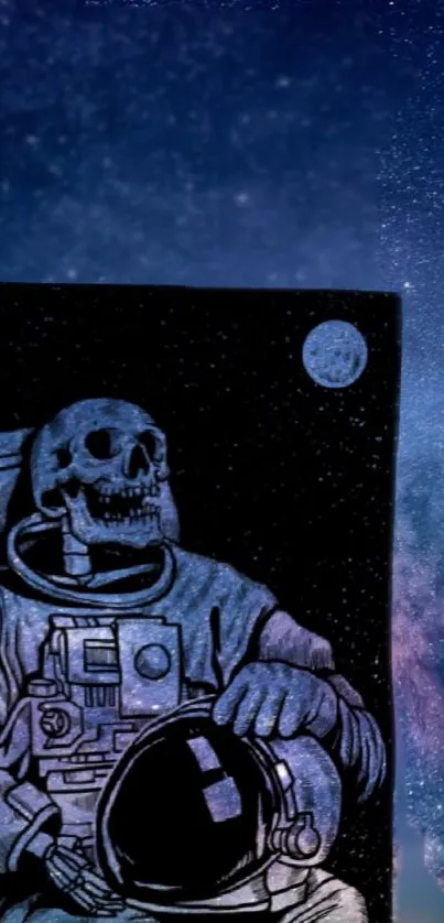 Illustrated skull astronaut with galaxy backdrop.