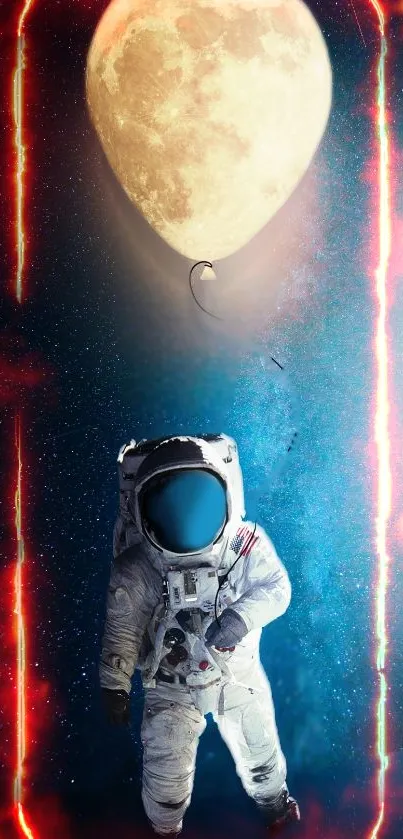 Astronaut floating with moon in a cosmic, fiery scene wallpaper.