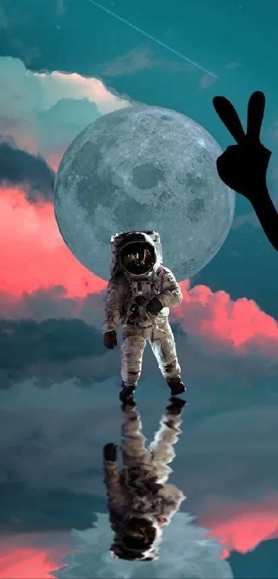 Vibrant cosmic wallpaper with astronaut, moon, and playful silhouette.