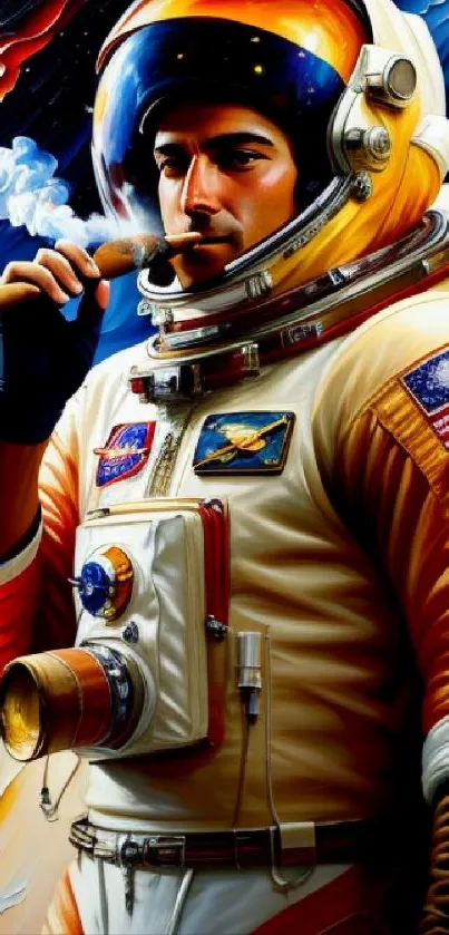 Artistic astronaut smoking a cigar in space-themed wallpaper.