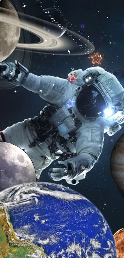 Astronaut floating among planets in space wallpaper.