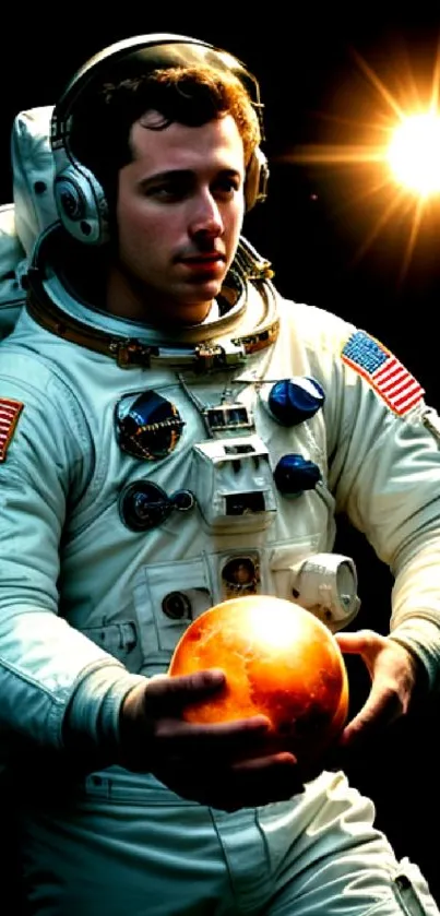 Astronaut in space with a glowing star and orange sphere.