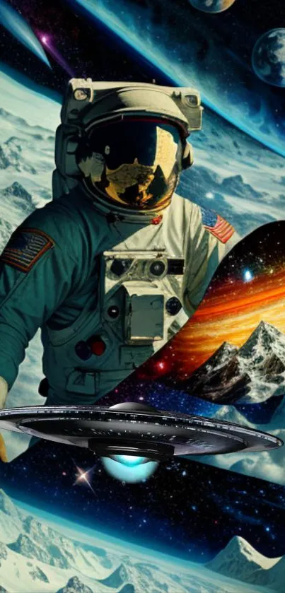 Astronaut and UFO in a surreal space landscape with planets and cosmic elements.