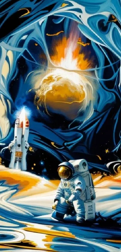 Artistic astronaut in vibrant space scene, rocket in background.