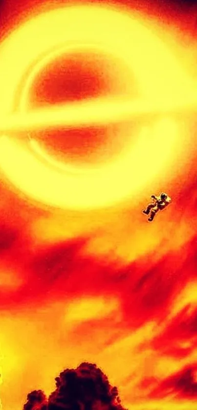 Astronaut art in fiery space scene, cosmic colors.