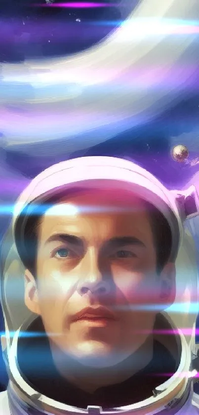 Astronaut in vibrant space scene with planets and stars.