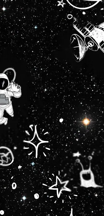 Whimsical astronaut in starry space with cosmic doodles on a black background.