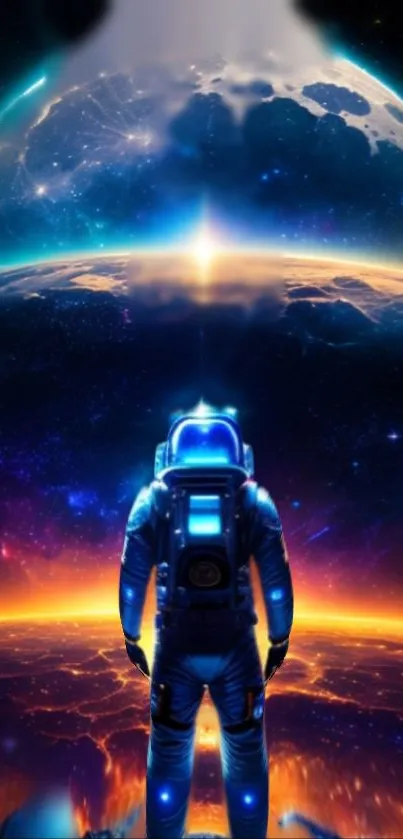 Astronaut stands before Earth in vibrant space scene wallpaper.