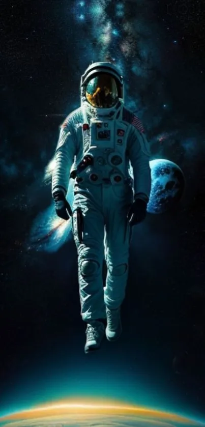 Astronaut floating in deep space with planets and stars in the background.