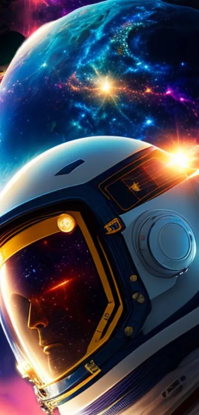 Futuristic astronaut in space with colorful cosmic background.