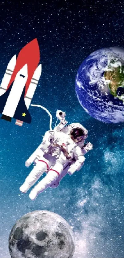 Astronaut floats in space near Earth and space shuttle, set against a starry background.